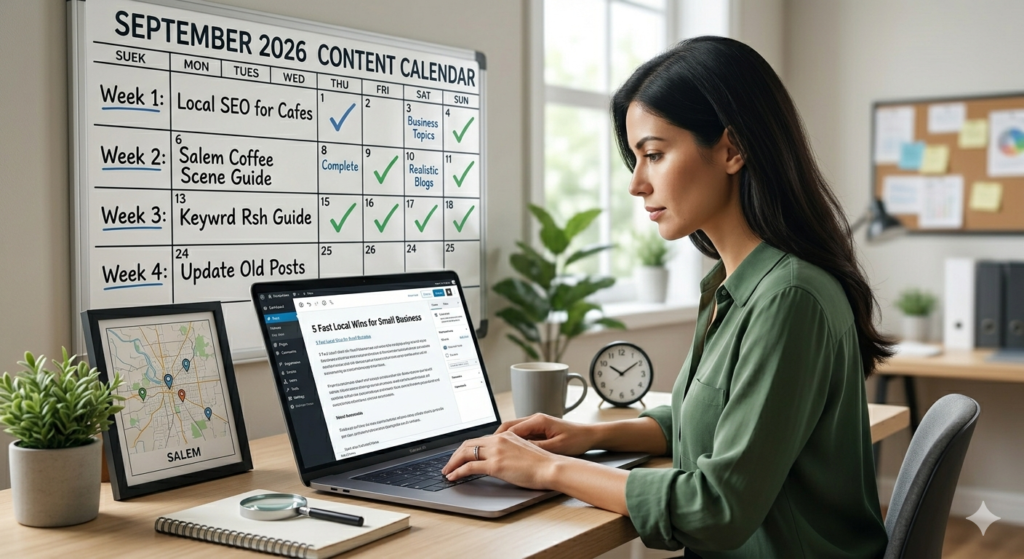 A blog section image showing a small business owner creating Content Marketing for Small Business on a laptop with a content calendar visible