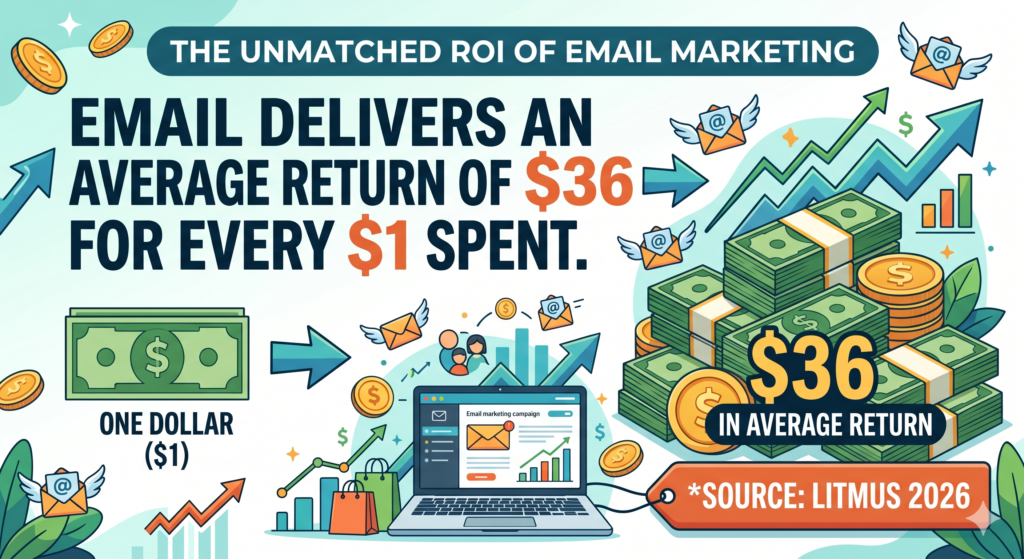 Blog image of email marketing for small business showing email marketing delivers an average return of $36 for every $1 spent.