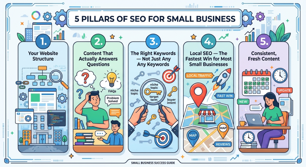 Graphic showing the 5 pillars of seo for small businesses