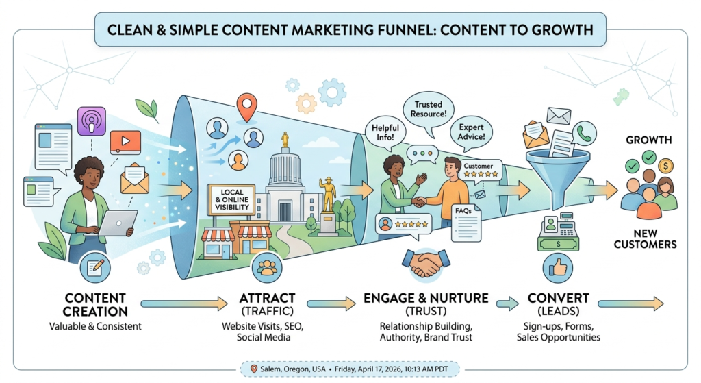 Content marketing funnel diagram showing blog content converting to leads for small business