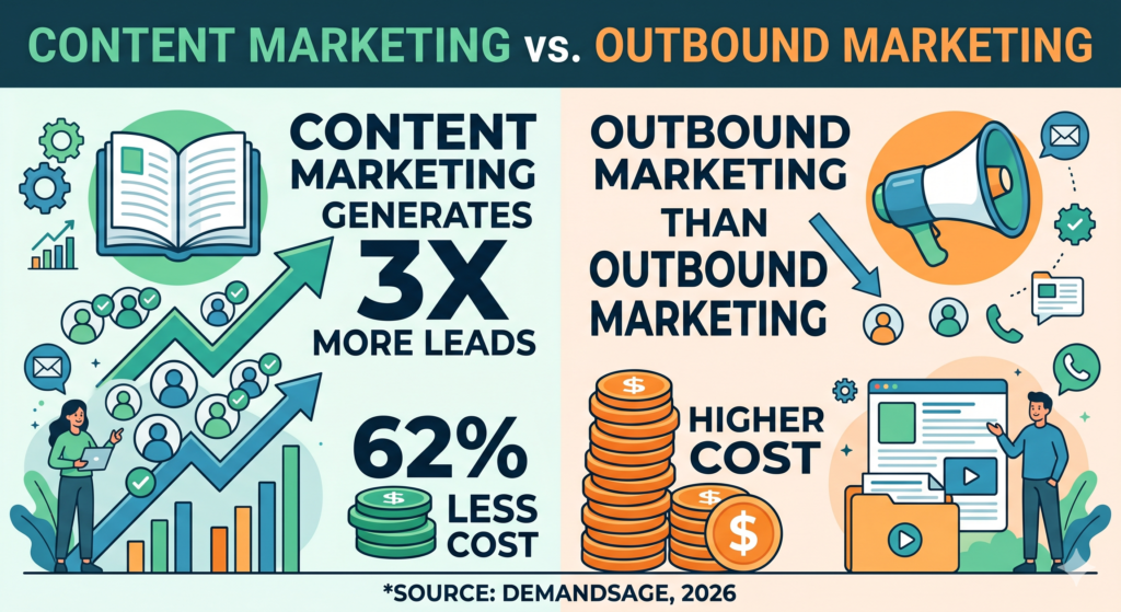 Lead generation for small business blog post image showing content marketing generates three times more leads than outbound marketing at 62% less cost.