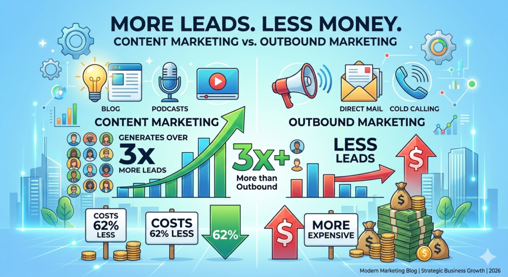 Blog image for Content Marketing for Small Business showing content marketing generates more than three times as many leads as outbound marketing