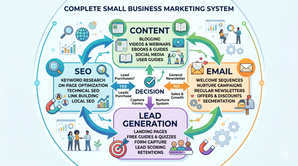Small business marketing strategy blog post image showing complete marketing system.