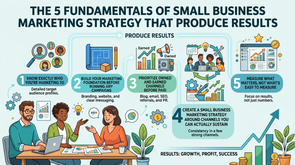 Small business marketing strategy blog post image showing 5 fundamentals of small business marketing strategy that produce results.