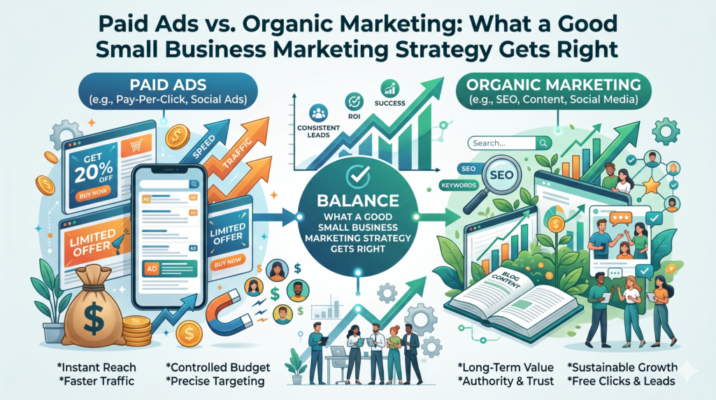 Small business marketing strategy blog post image showing paid ads versus organic marketing.
