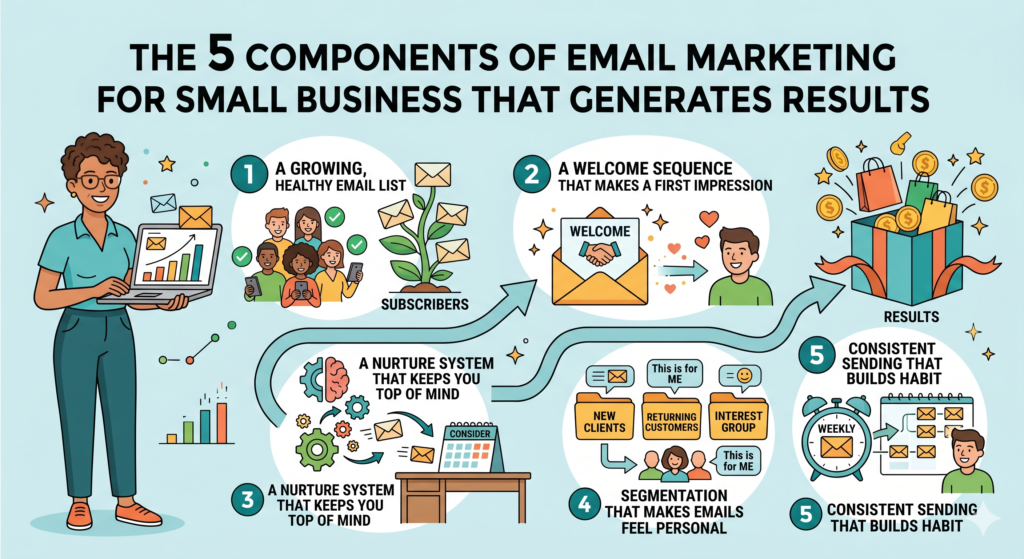 Blog image of email marketing for small business showing 5 components of email marketing that generate results.